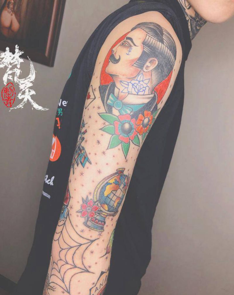 Old school 拼接花臂纹身图片_手臂Old School纹身图案