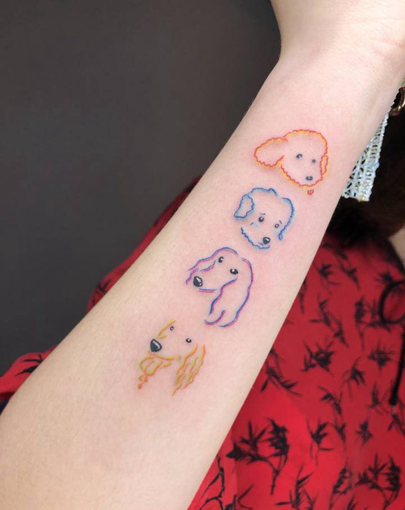 彩色线条小狗纹身图片_手臂手部几何水彩小狗纹身图案