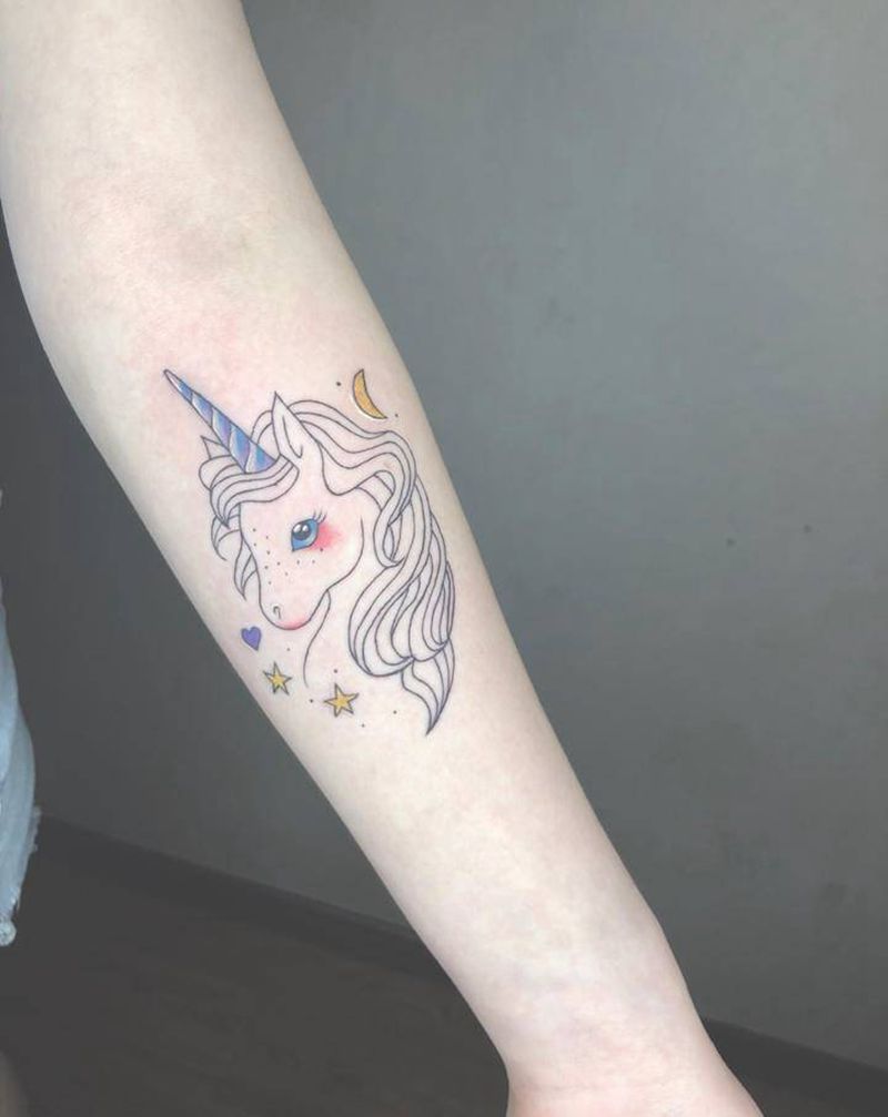 彩色独角兽纹身图片_手臂腿部水彩几何纹身图案