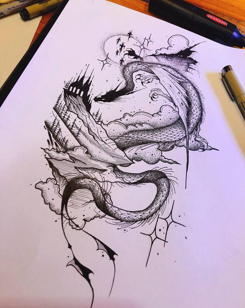 点刺 龙纹身图片_手臂手部点刺几何龙城堡纹身图案