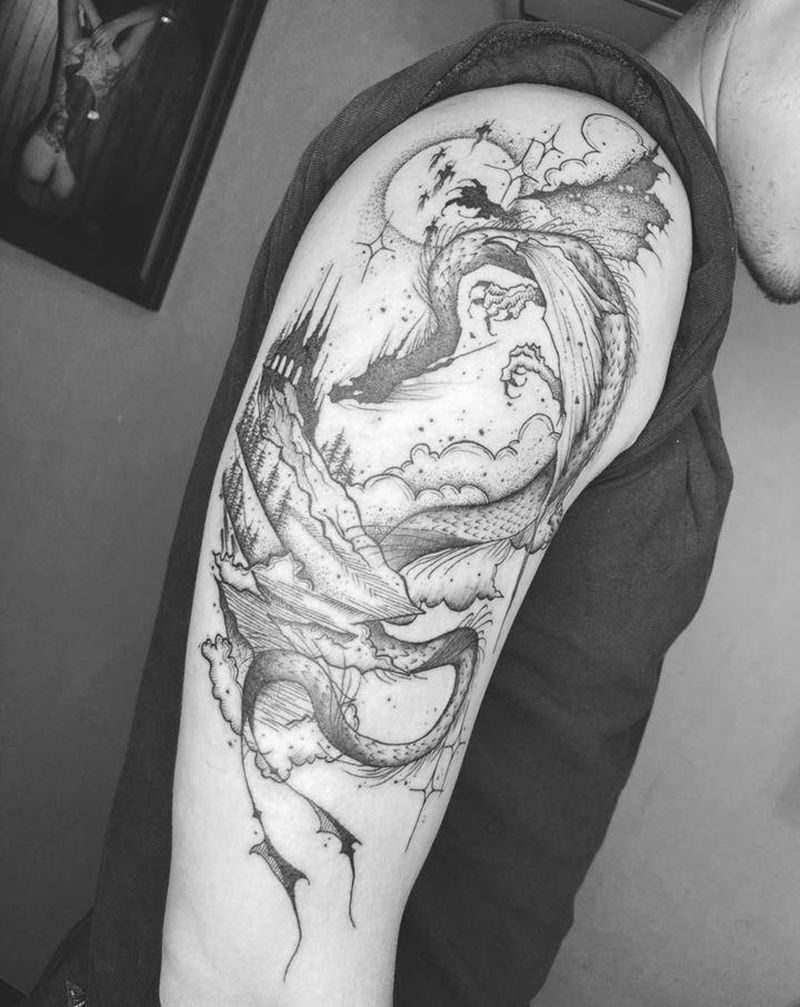 点刺 龙纹身图片_手臂腿部点刺几何龙城堡纹身图案