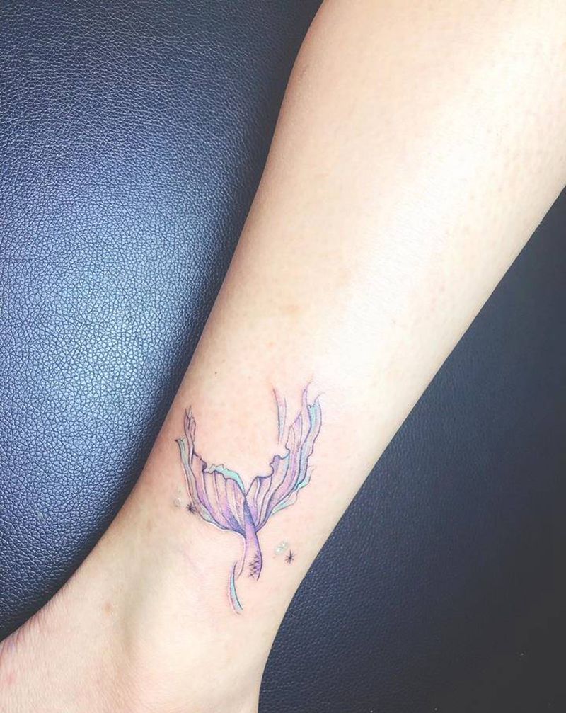 彩色美人鱼纹身图片_腿部手臂水彩New School美人鱼纹身图案