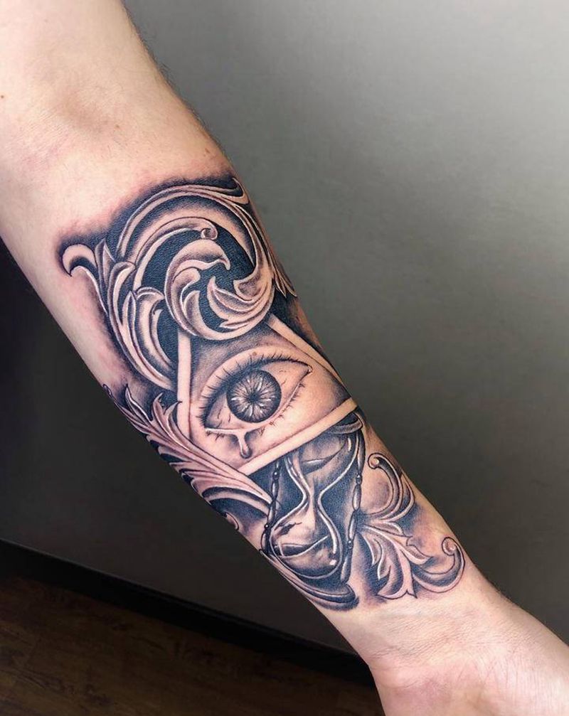 上帝之眼 沙漏纹身图片_手臂腿部欧美写实几何上帝之眼沙漏鸢尾花纹身图案