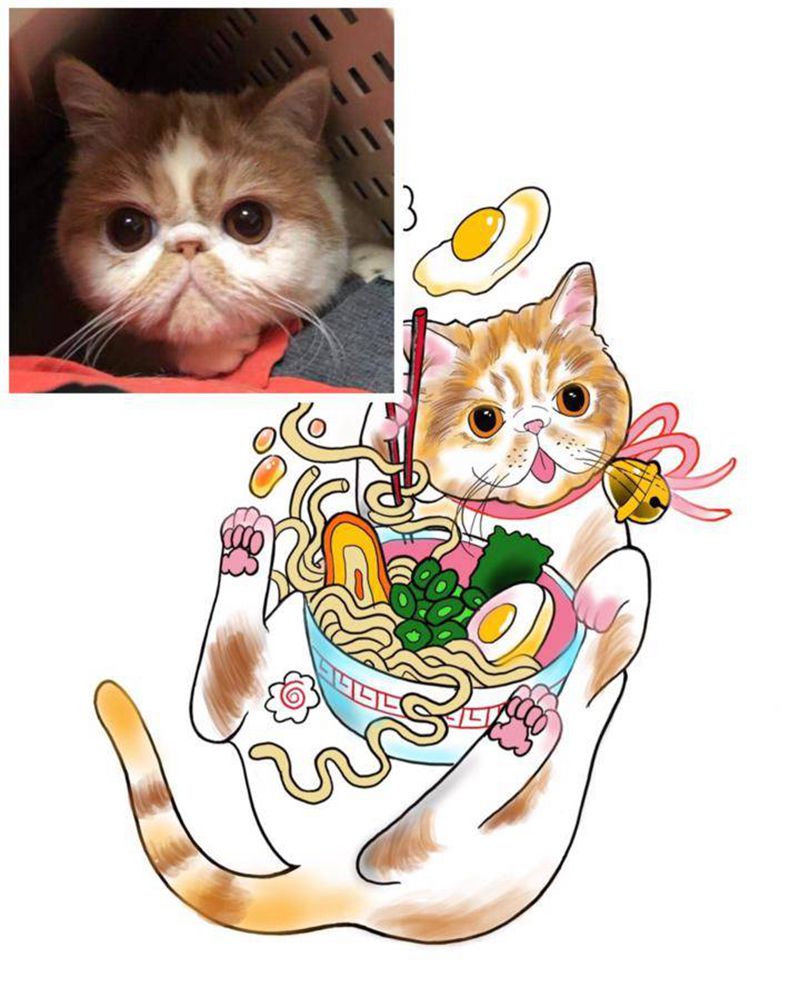 猫咪 拉面 设计稿纹身图片_手臂肩部New School几何猫拉面纹身图案