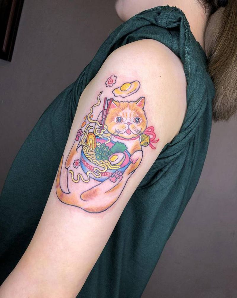 猫咪 拉面纹身图片_手臂肩部New School水彩猫咪拉面纹身图案