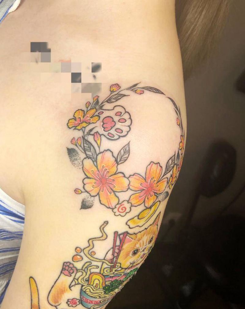 肩花 猫爪纹身图片_肩部手臂New School点刺猫爪花叶子纹身图案