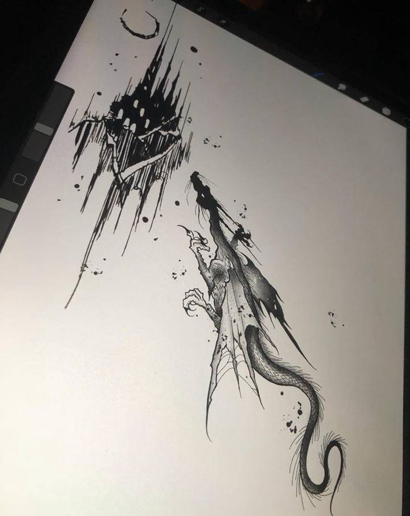 飞龙 城堡 设计稿纹身图片_手臂背部欧美写实点刺龙城堡纹身图案