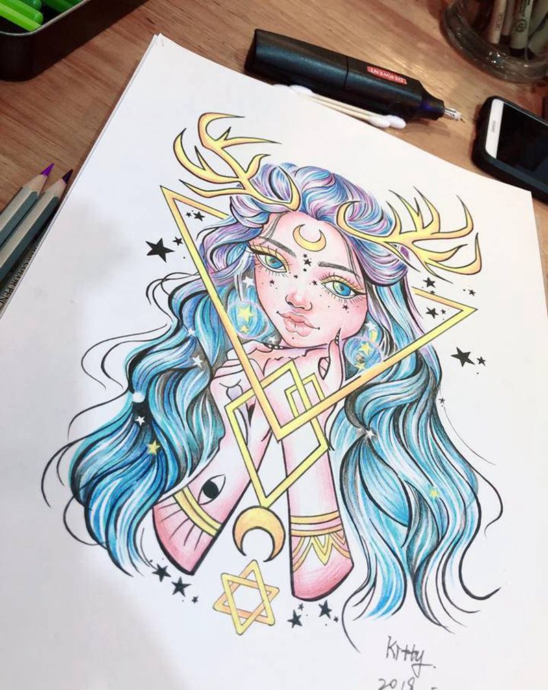 彩色 美少女纹身图片_手臂腿部New School水彩鹿角六芒星女孩纹身图案