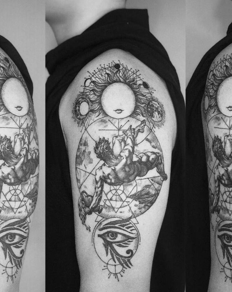 荷鲁斯之眼 太阳 宇宙纹身图片_手臂腿部欧美写实几何太阳宇宙荷鲁斯之眼纹身图案