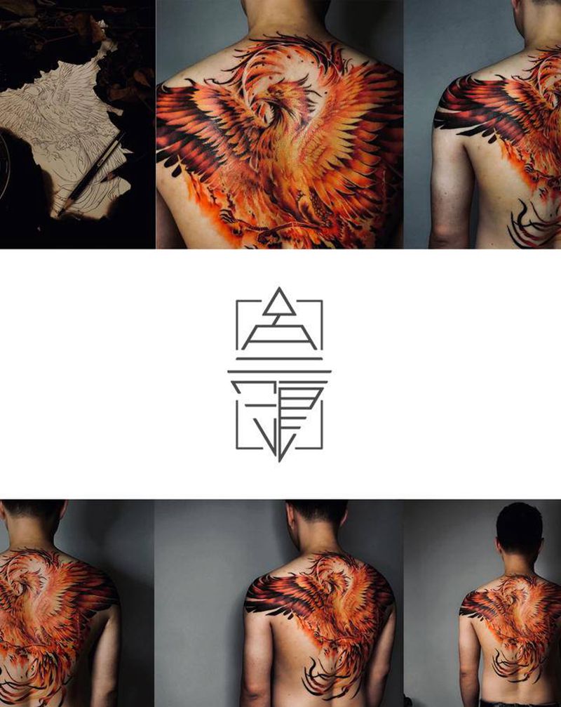 凤纹身图片_背部新传统凤凰纹身图案