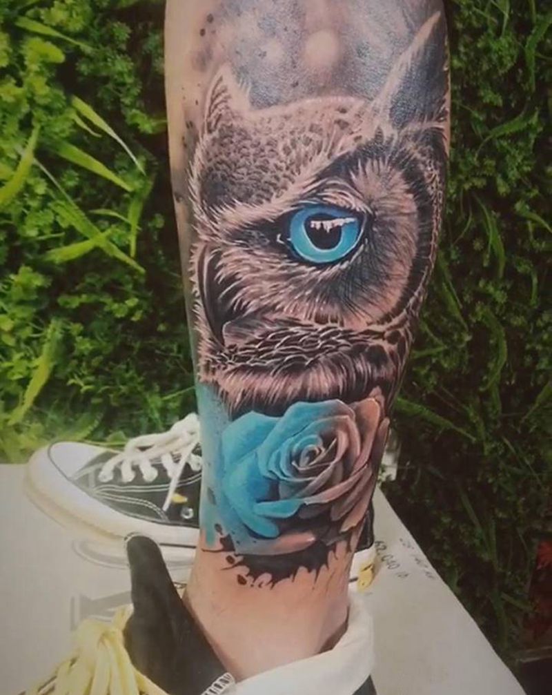 猫头鹰纹身图片_腿部欧美写实纹身图案
