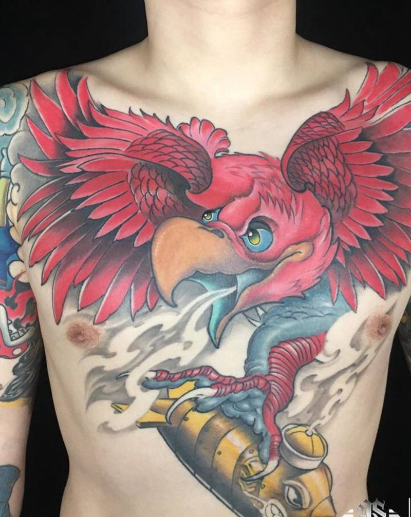 花胸老鹰纹身图片_胸部New School纹身图案