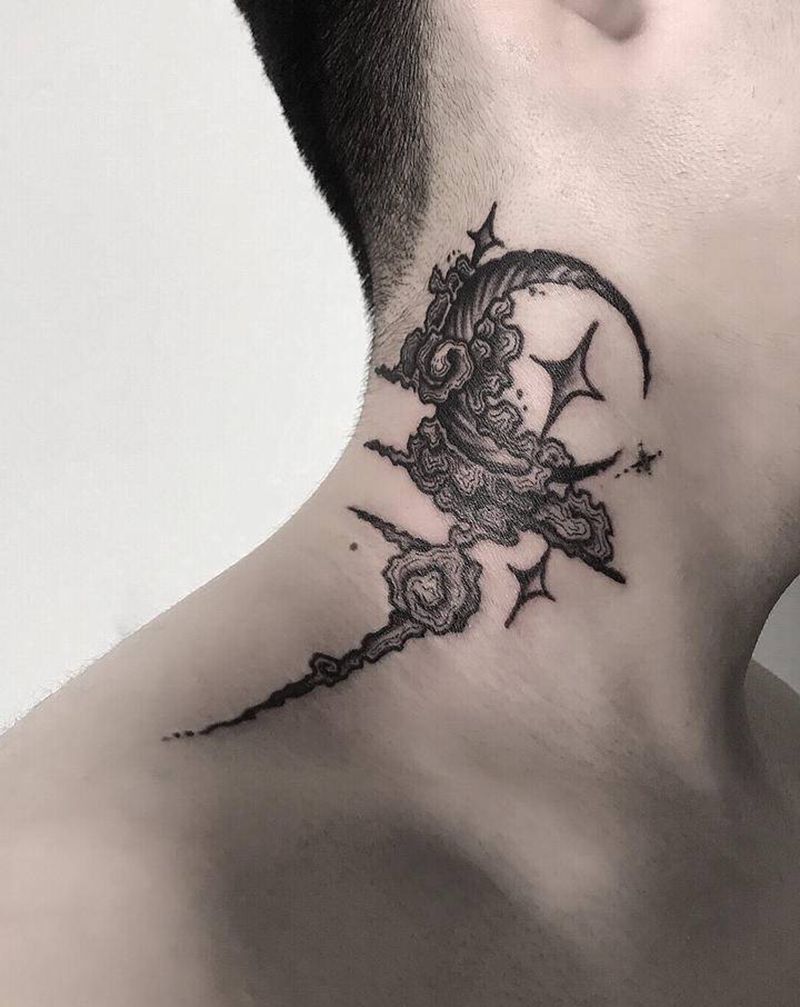 叁浪作品｜点刺纹身图片_颈部点刺纹身图案