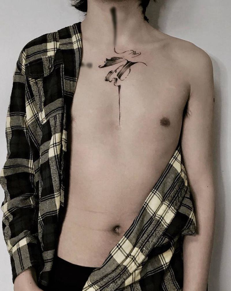 叁浪作品｜泼墨纹身图片_胸部水墨纹身图案