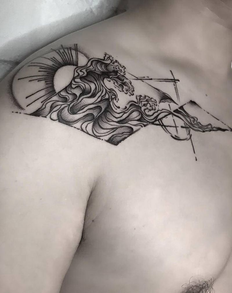 浪纹身图片_胸部点刺纹身图案