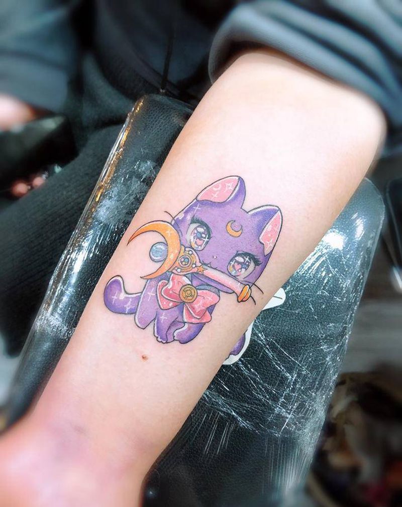 彩色猫咪露娜纹身图片_手臂手部New School水彩猫纹身图案