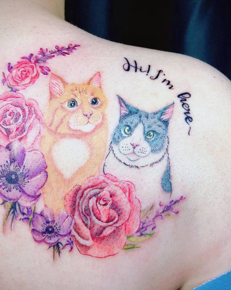彩色猫咪纹身纹身图片_肩部背部水彩欧美写实花猫咪纹身图案