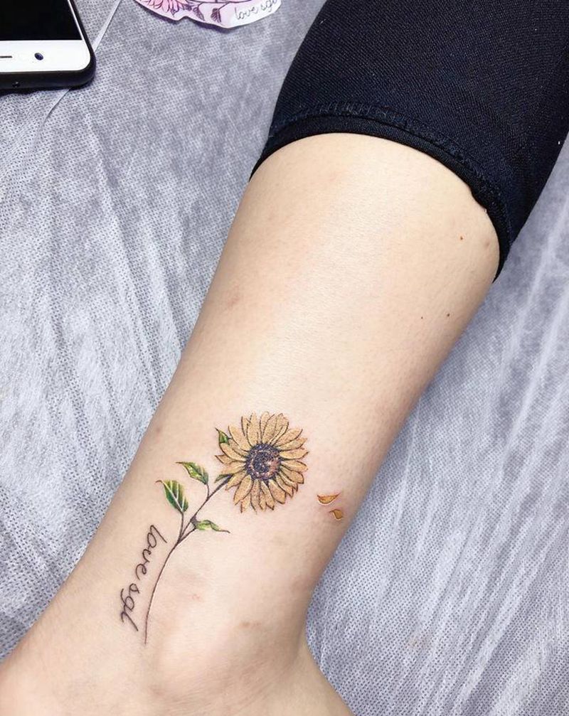 向日葵纹身纹身图片_腿部脚部水彩向日葵纹身图案