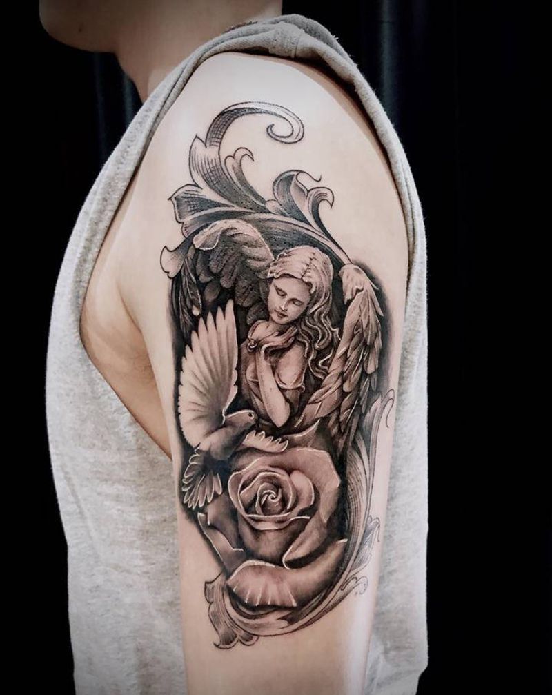 写实玫瑰天使纹身图片_手臂欧美写实玫瑰 天使翅膀纹身图案