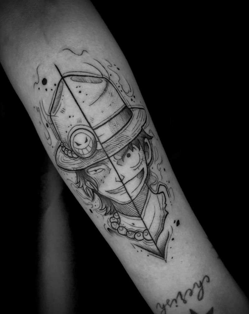 海贼王路飞 艾斯纹身图片_手臂几何New School海贼王路飞艾斯纹身图案