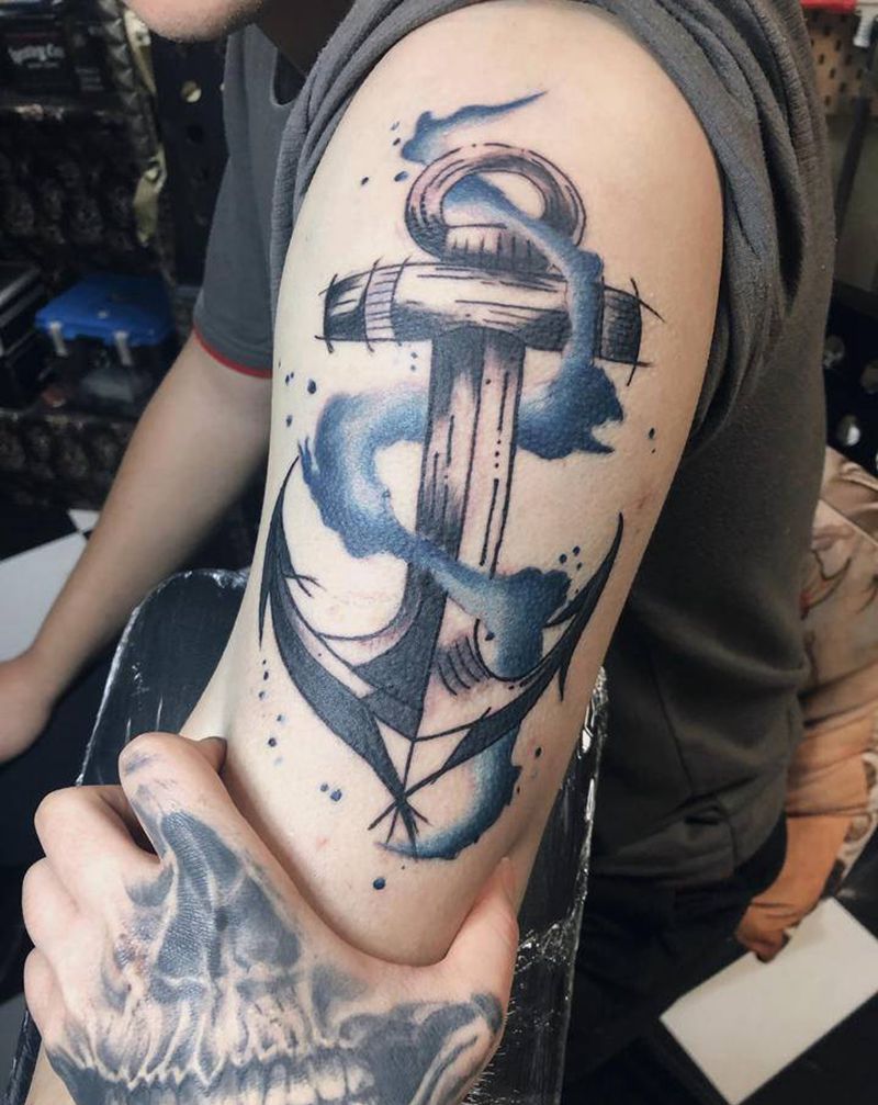 船锚纹身图片_手臂手部水墨New School船锚 泼墨纹身图案