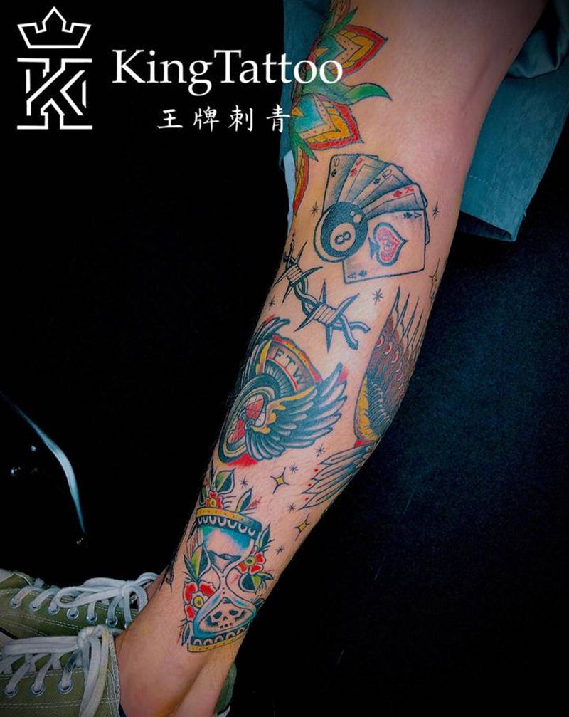 Oldschool花腿拼接纹身图片_腿部脚部Old School纹身图案