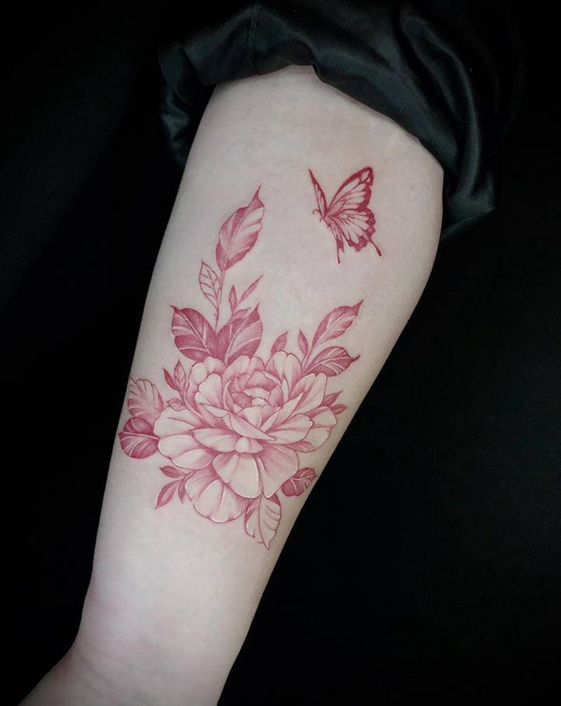 红色素花纹身图片_手臂手部点刺水彩素花纹身图案