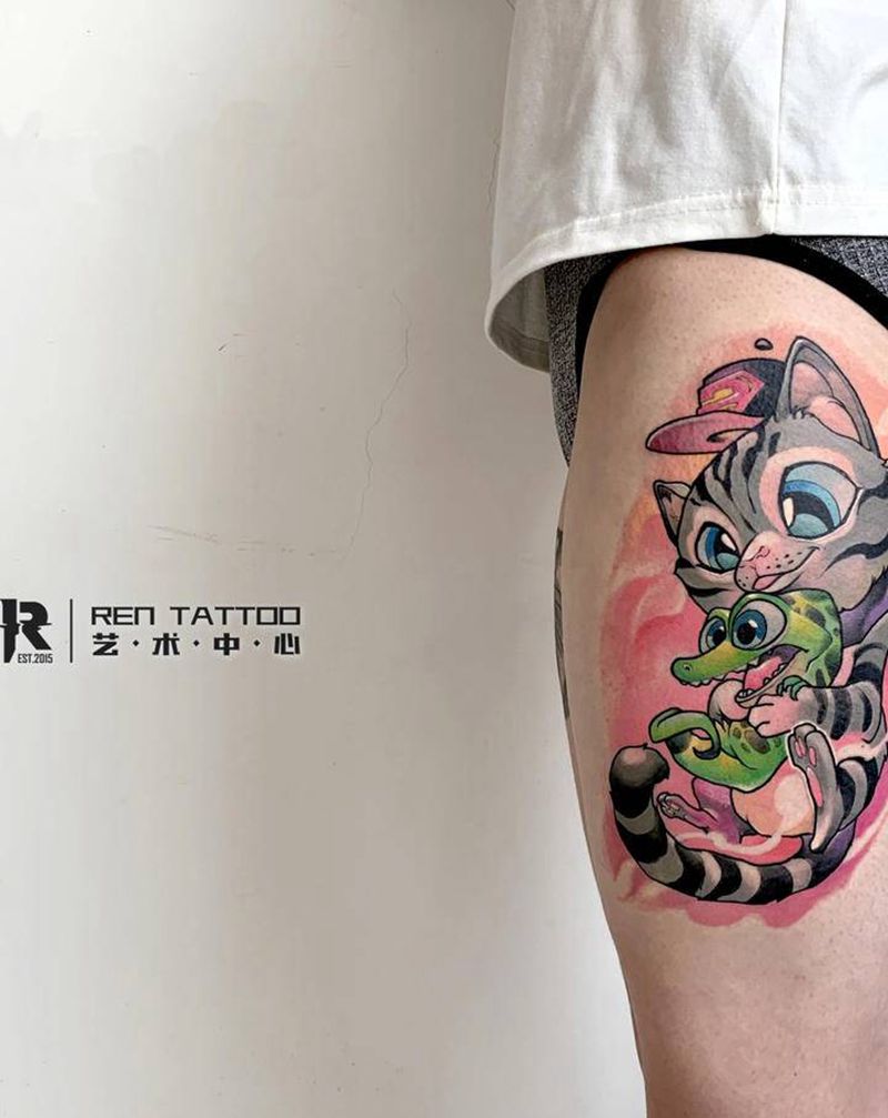 new school猫纹身图片_腿部New School纹身图案