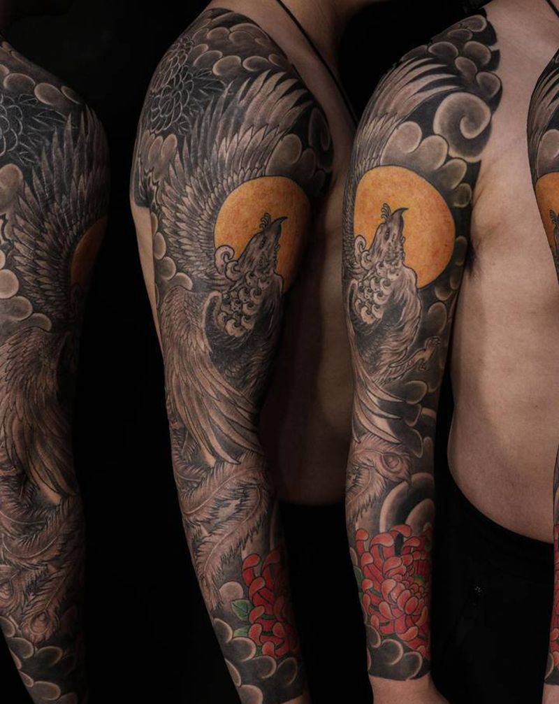 传统凤凰花臂纹身图片_手臂手部老传统新传统纹身图案