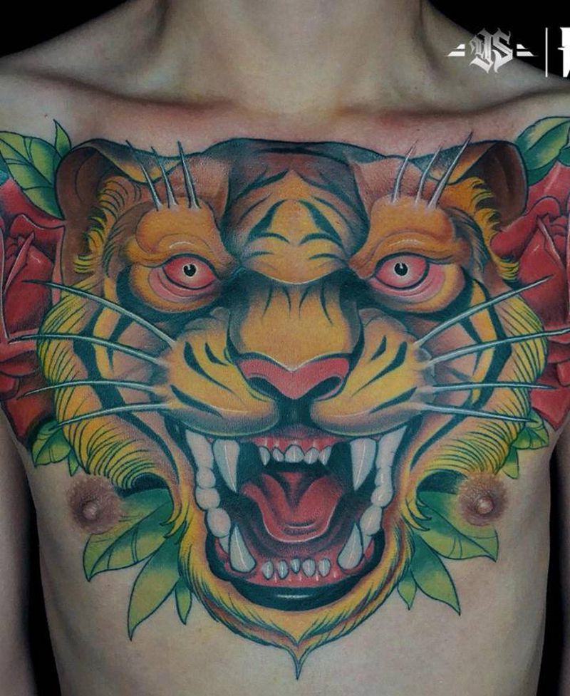 虎头玫瑰花胸纹身图片_胸部New School纹身图案