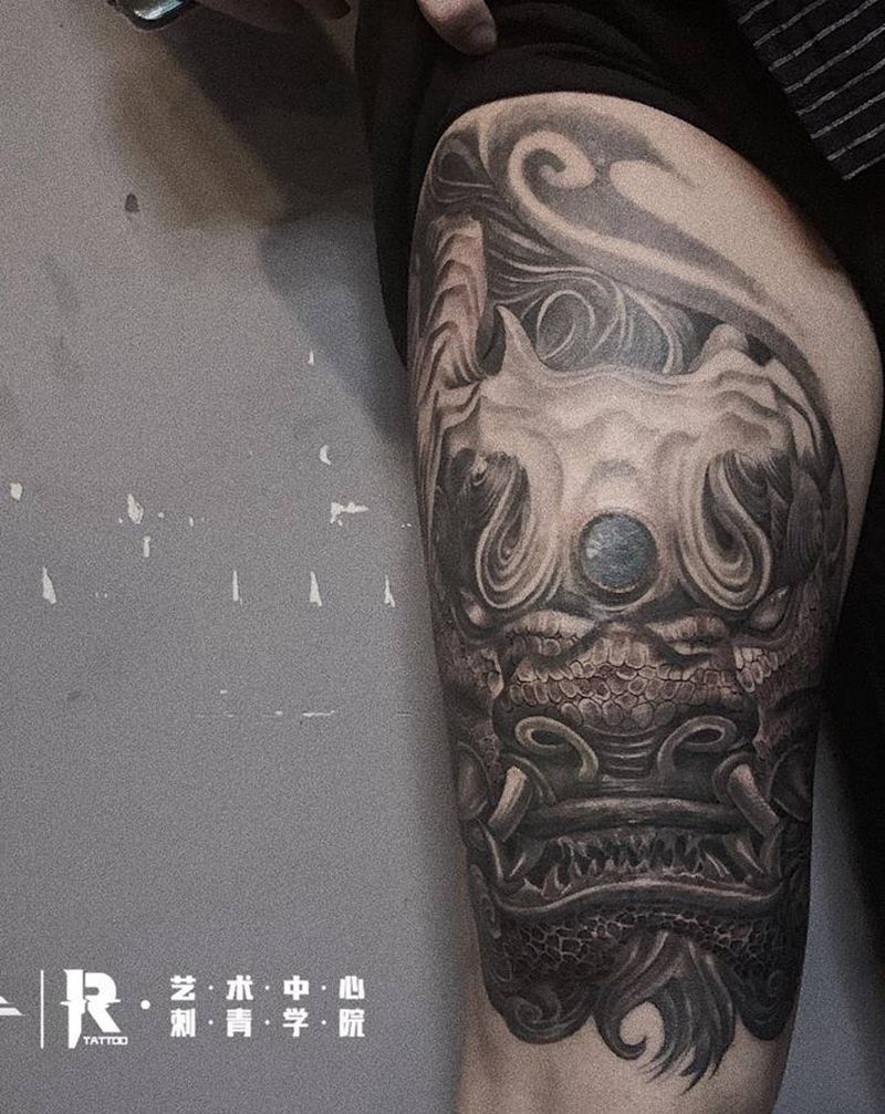 巨龙腾飞纹身图片_腿部欧美写实纹身图案