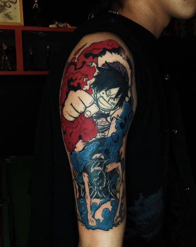 路飞纹身图片_手臂水彩纹身图案