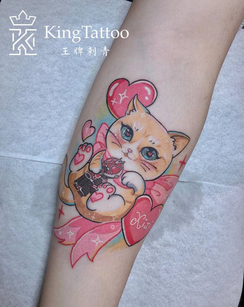 Q版猫咪纹身纹身图片_手臂手部New School水彩猫卡通爱心纹身图案
