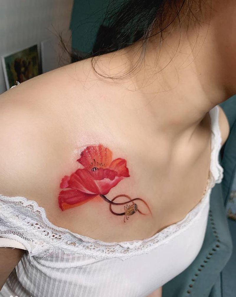 罂粟花纹身图片_胸部水彩纹身图案