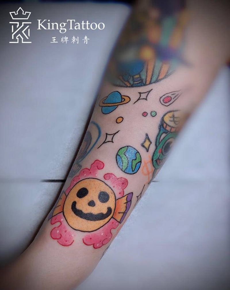 彩色卡通小图纹身图片_手臂手部New School水彩纹身图案