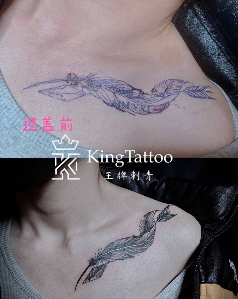 锁骨遮盖纹身图片_胸部点刺羽毛箭纹身图案