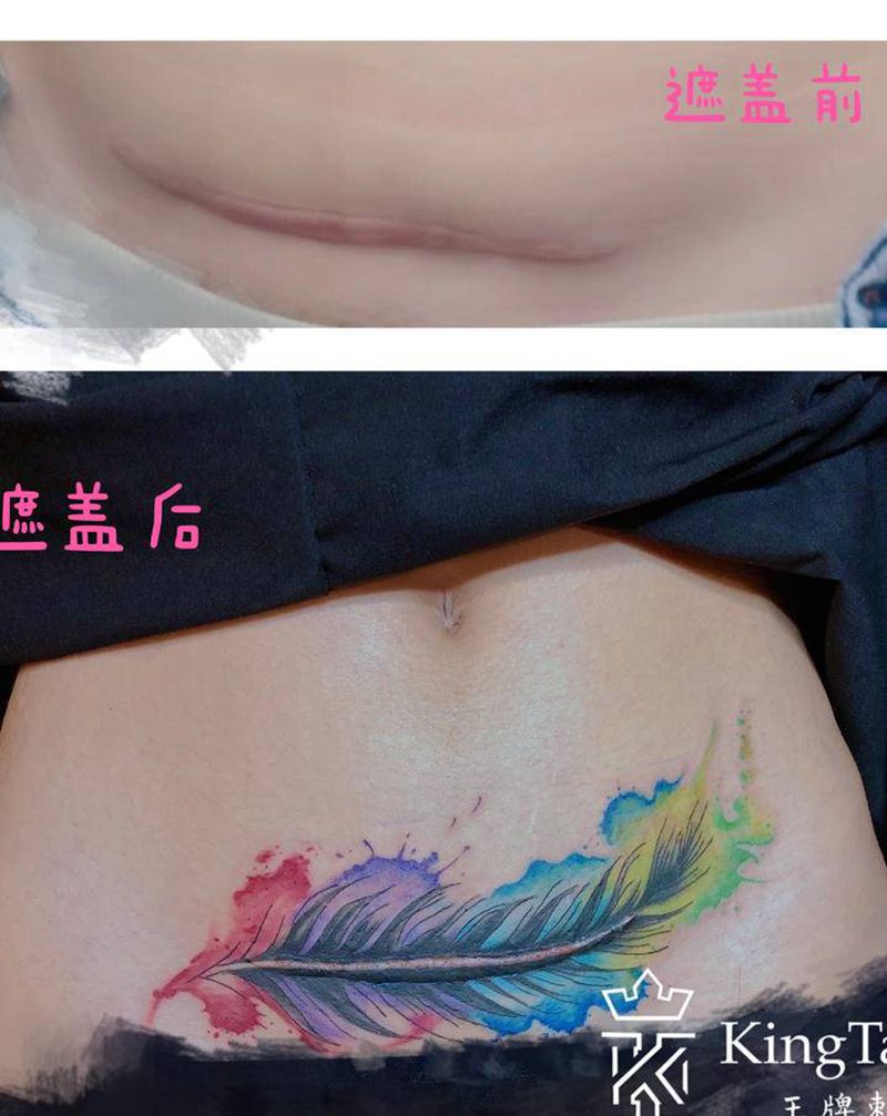 剖腹产疤痕遮盖纹身图片_腹部水彩羽毛纹身图案