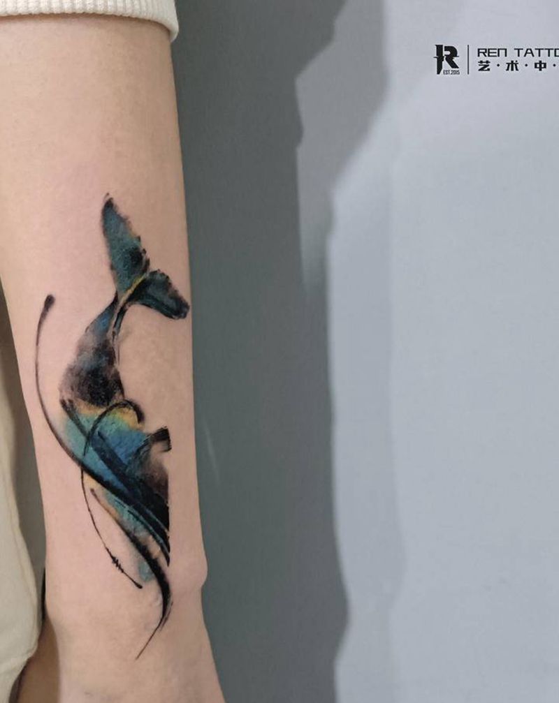 圣鲸纹身图片_手臂水彩水墨意识流纹身图案