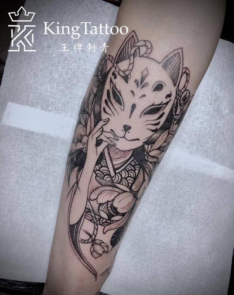 狐面姬纹身图片_手臂新传统纹身图案