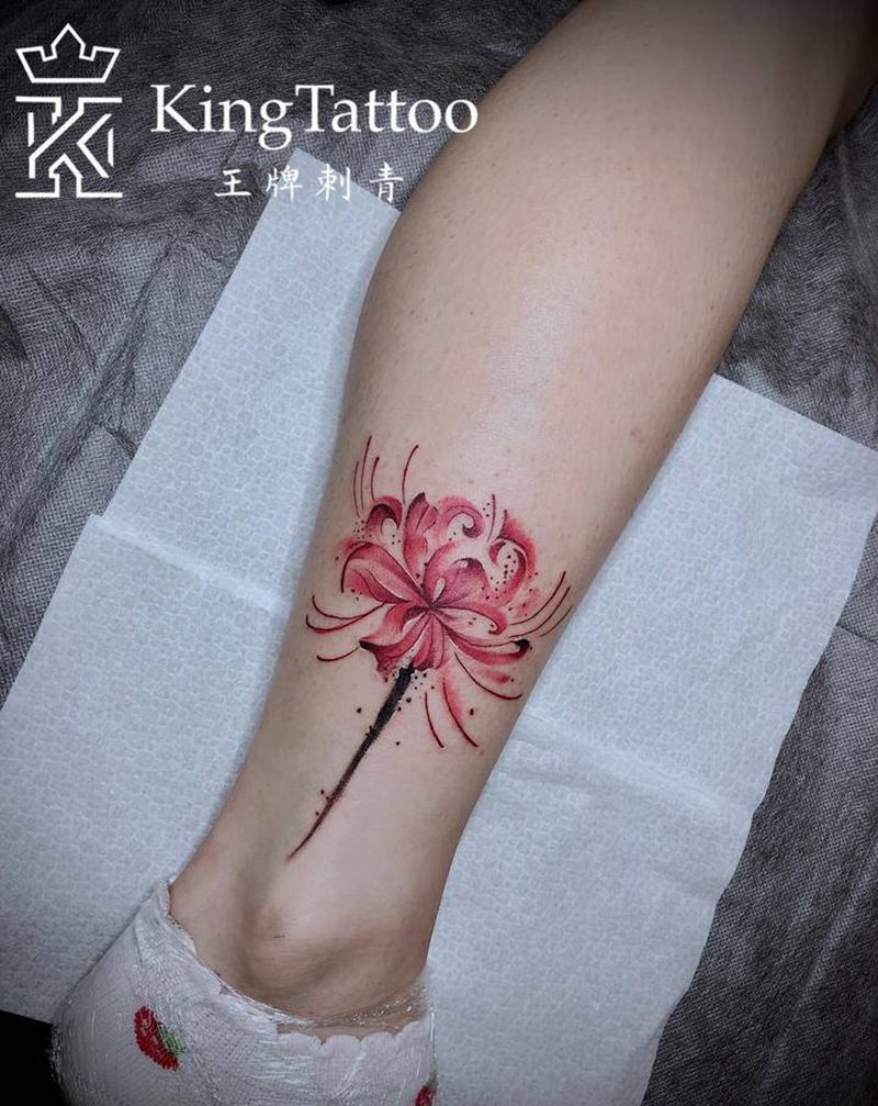 脚踝 彼岸花纹身图片_脚部腿部水彩彼岸花纹身图案