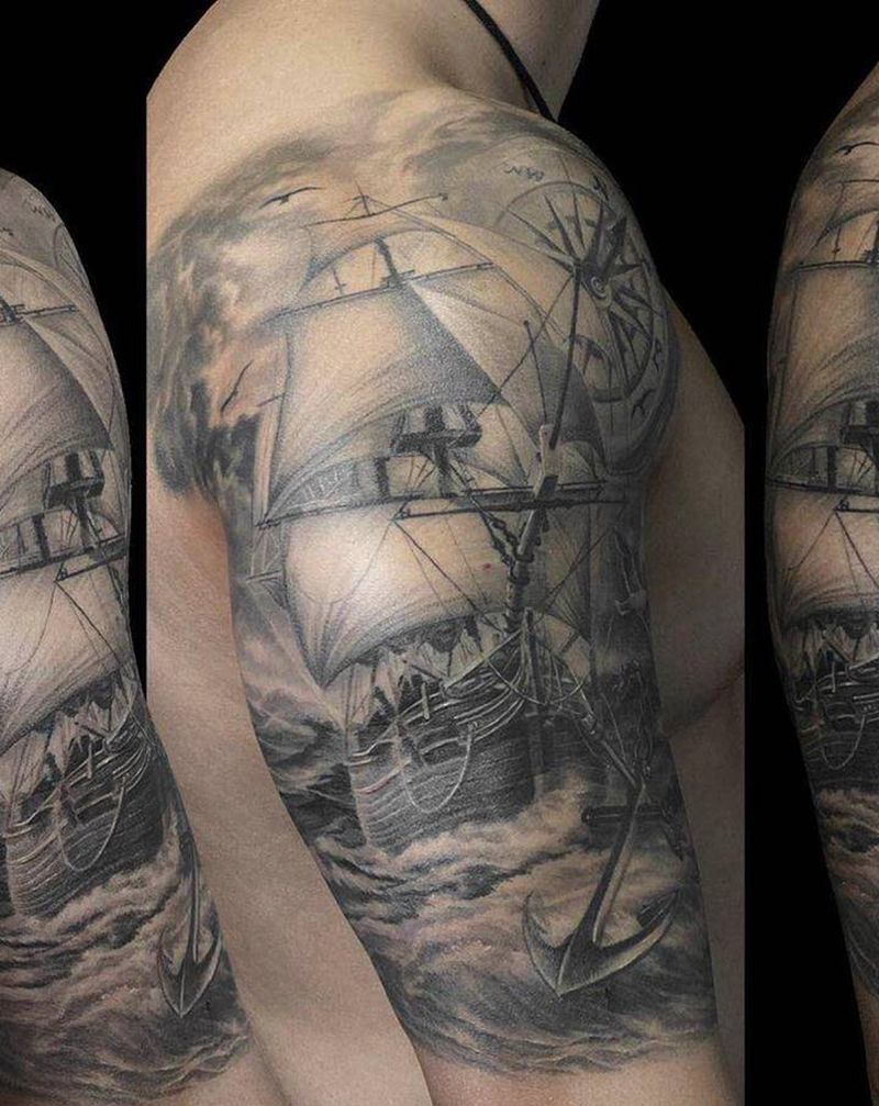 帆船纹身图片_手臂欧美写实纹身图案