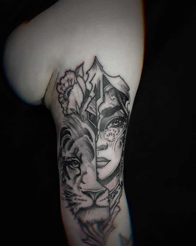 美女与野兽纹身图片_手臂点刺纹身图案