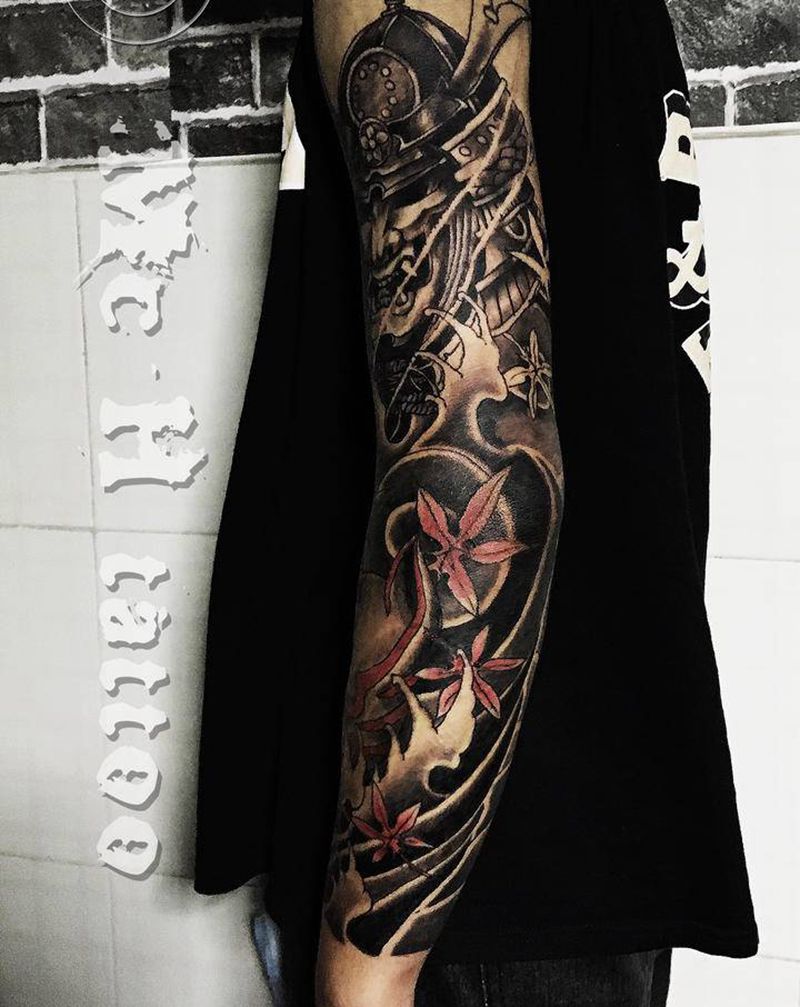 鬼武士花臂纹身图片_老传统新传统鬼武士 天狗纹身图案