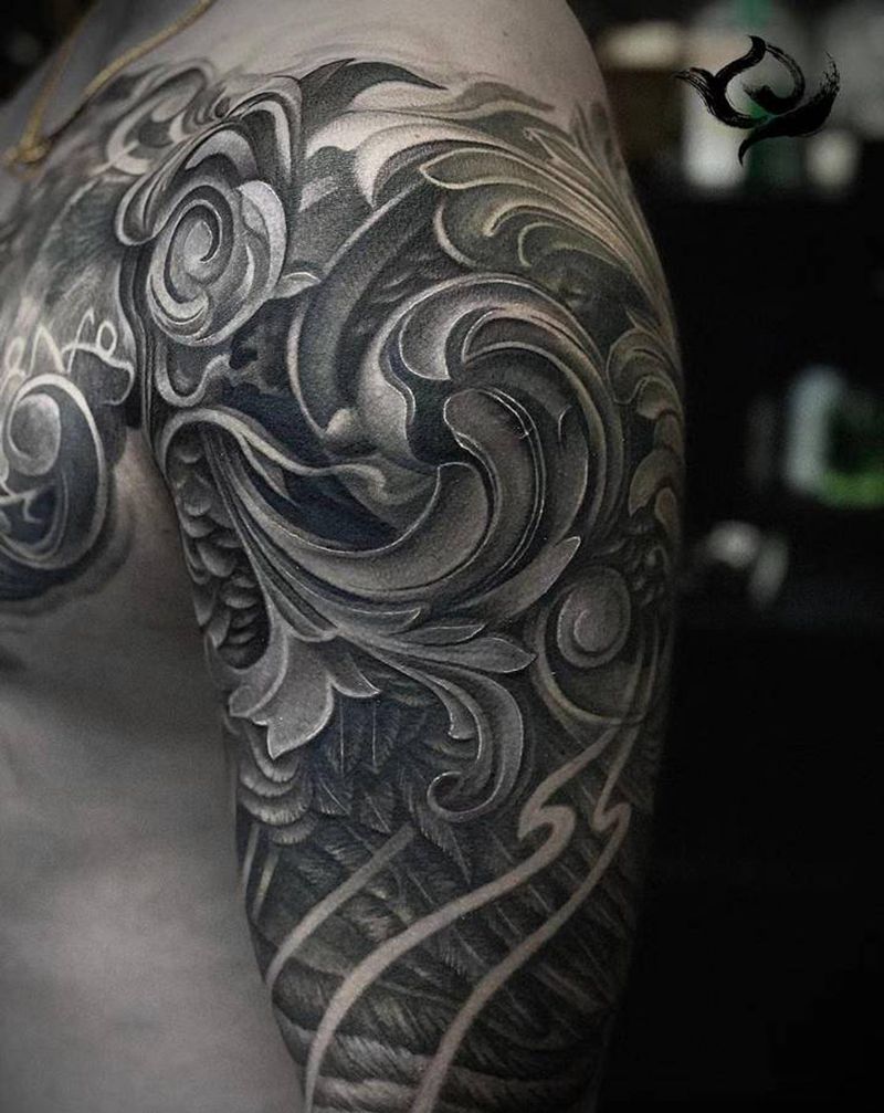 巴洛克与羽毛纹身图片_手臂欧美写实纹身图案