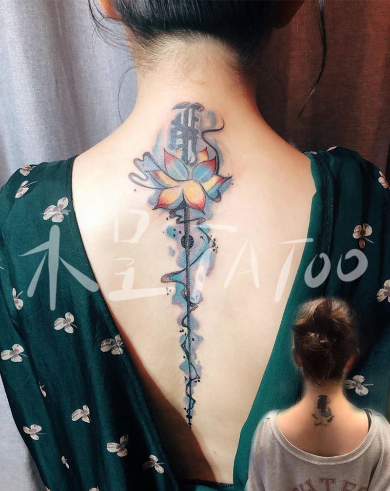 荷花修改纹身图片_背部水彩荷花水彩写意纹身图案