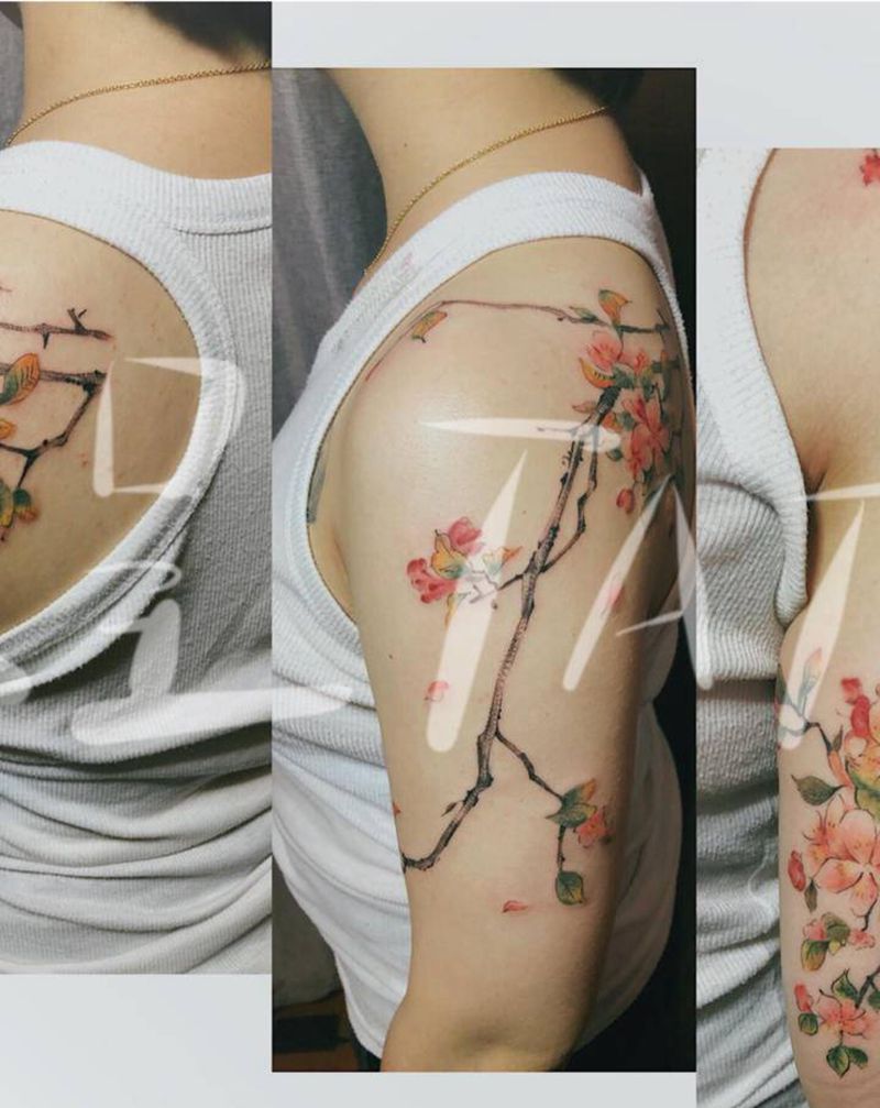 桃之夭夭，灼灼其华纹身图片_肩部手臂水墨水彩水墨桃花彩色水彩纹身图案