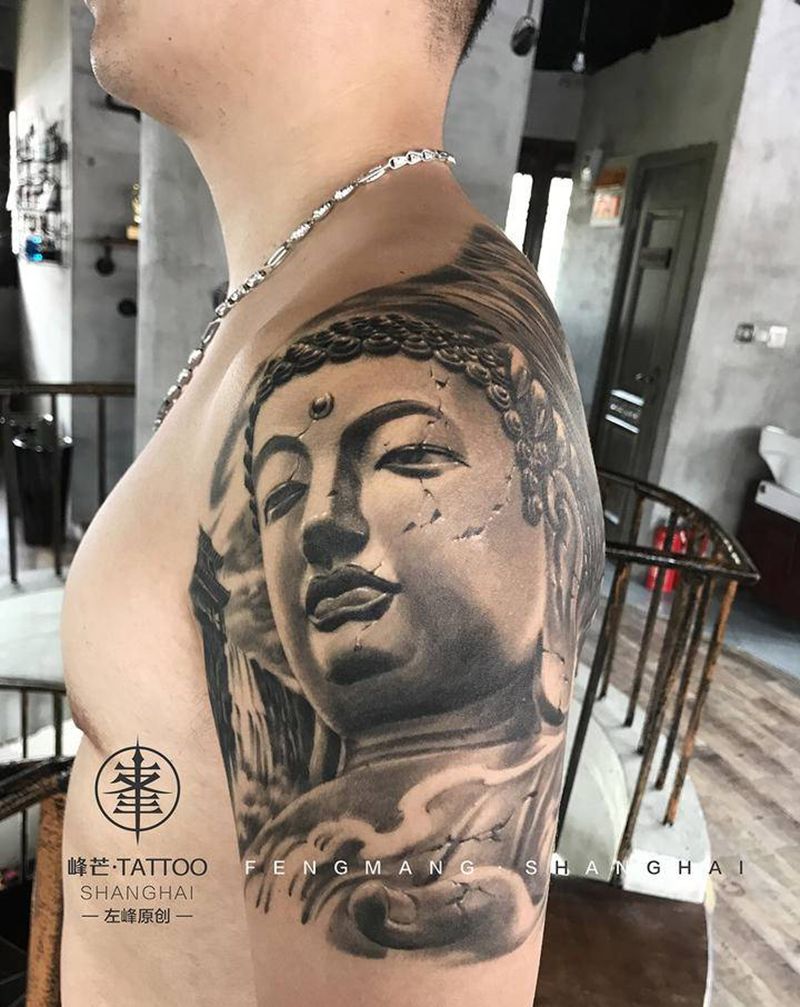一念之间（原创）纹身图片_肩部手臂新传统欧美写实佛魔悟空纹身图案