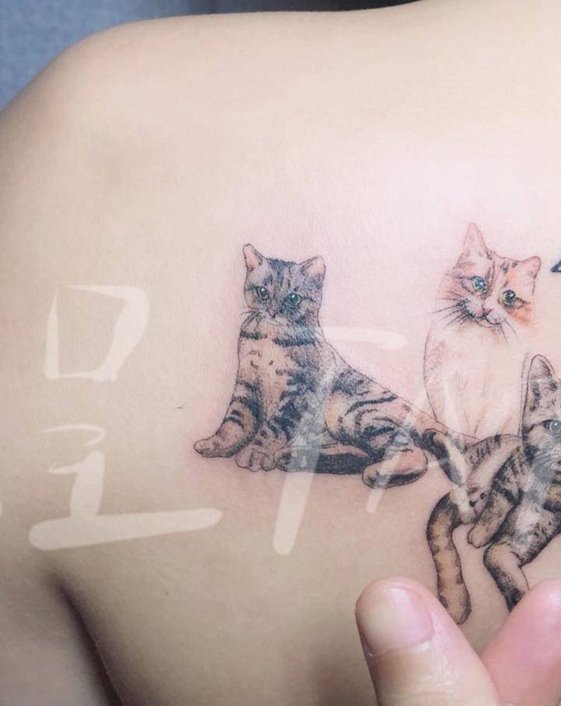 三只小可爱纹身图片_背部欧美写实猫纹身图案