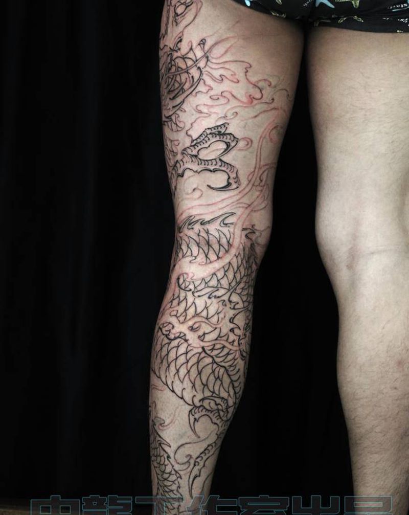 龙纹身图片_腿部新传统纹身图案