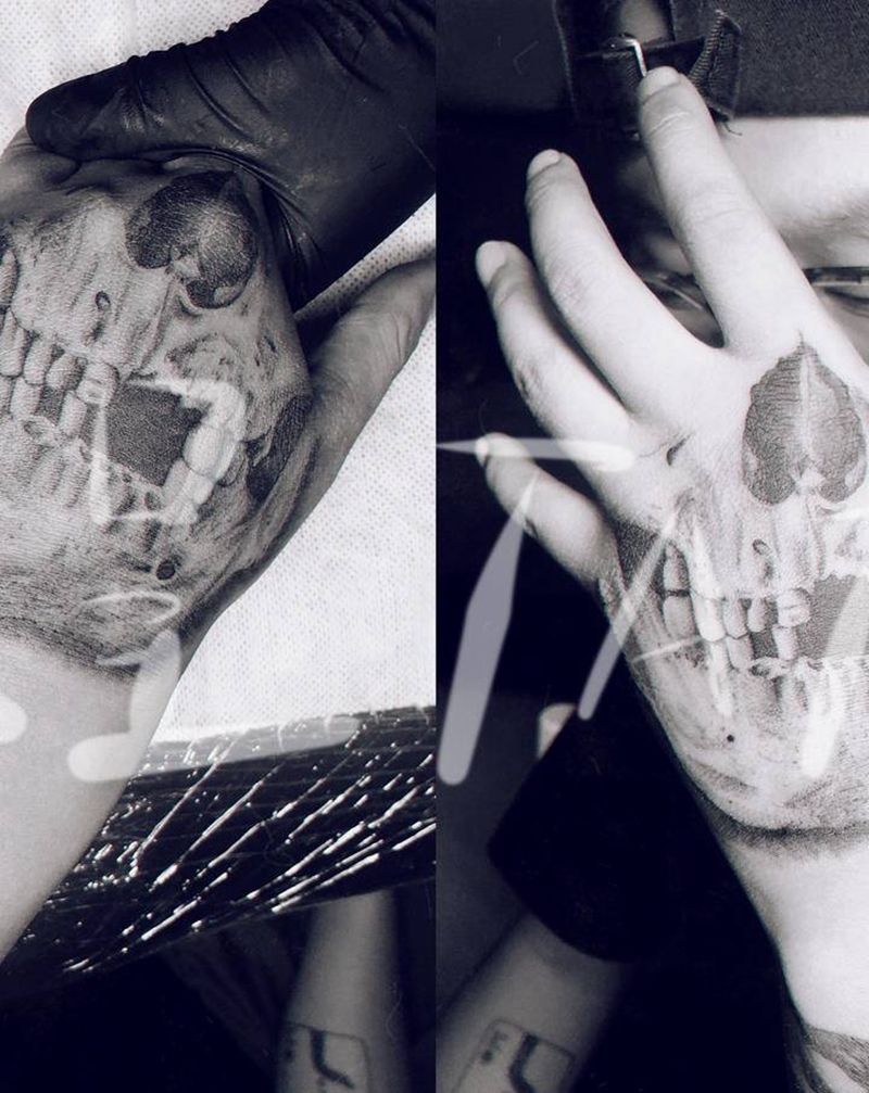 手背骷髅纹身图片_手部欧美写实骷髅纹身图案